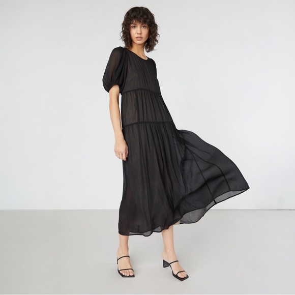 OAK + FORT Dresses & Skirts - Oak + Fort Puff Sleeve Tiered Midi Maxi Dress Size Large Black